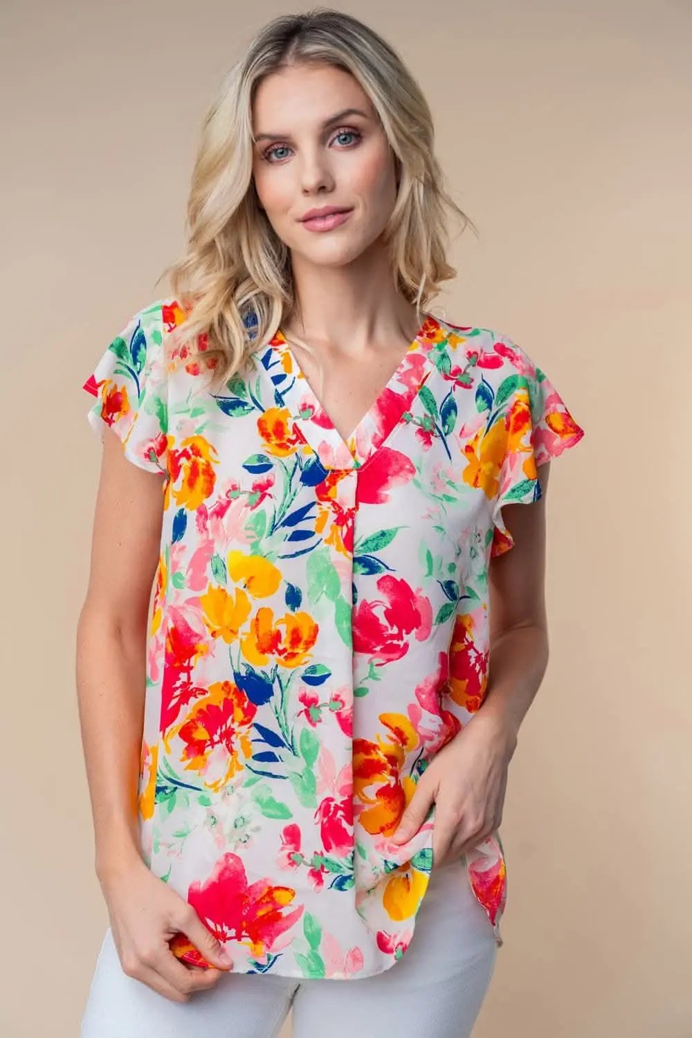 Trendsi Floral Woven Top Women's Casual Short Sleeve Summer T-Shirt - Lightweight
