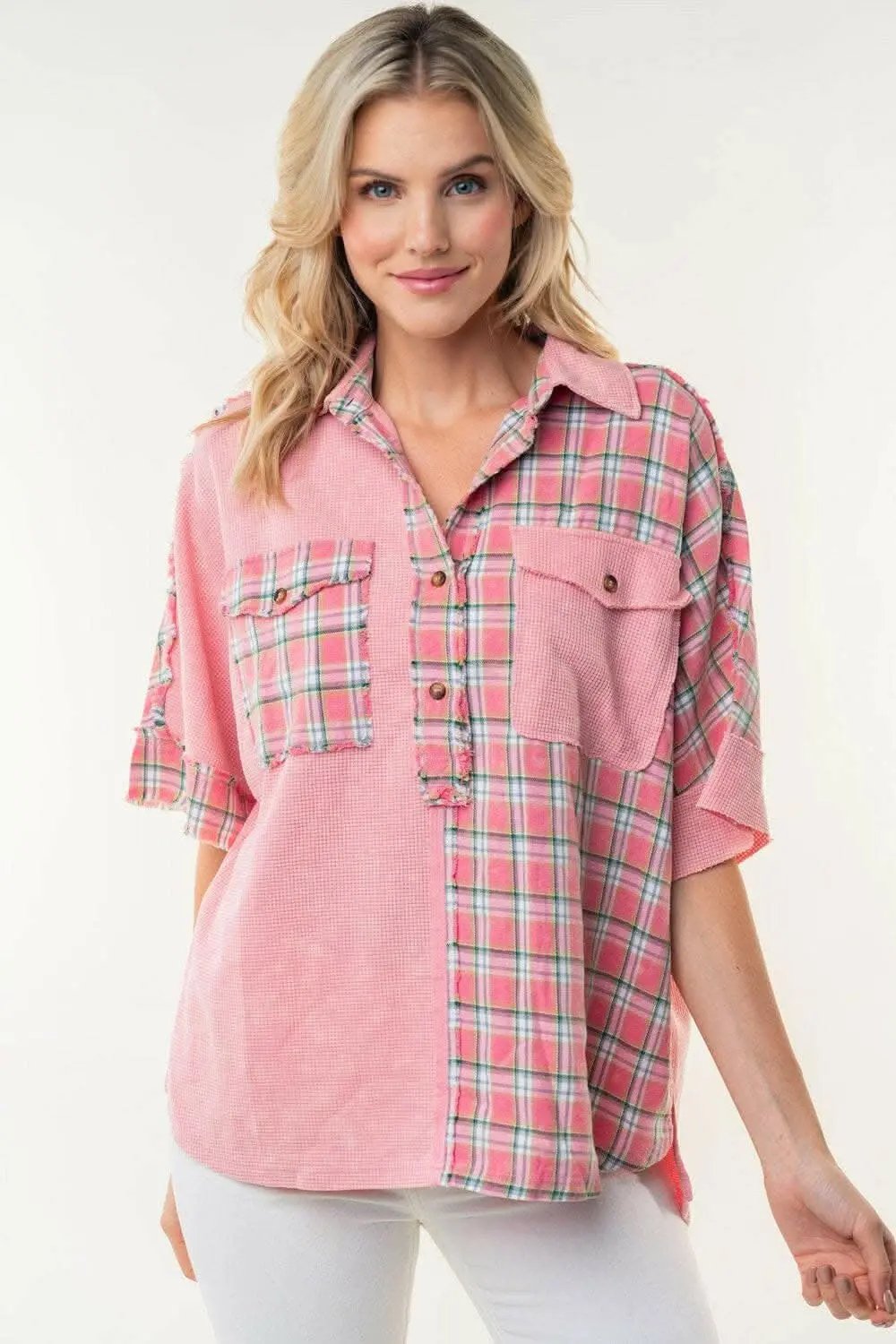 Trendsi just arrived - White Birch Plaid Color Block Half Button Top