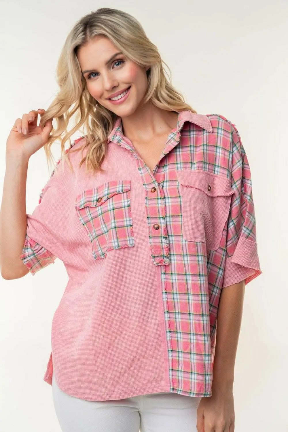 Trendsi just arrived - White Birch Plaid Color Block Half Button Top
