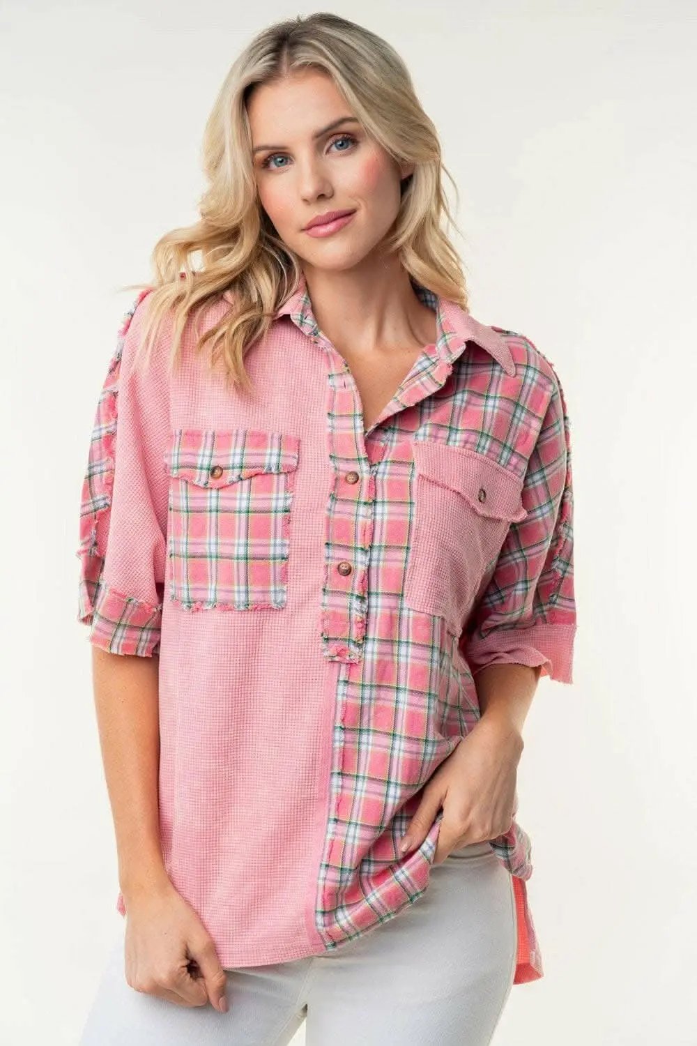 Trendsi just arrived - White Birch Plaid Color Block Half Button Top