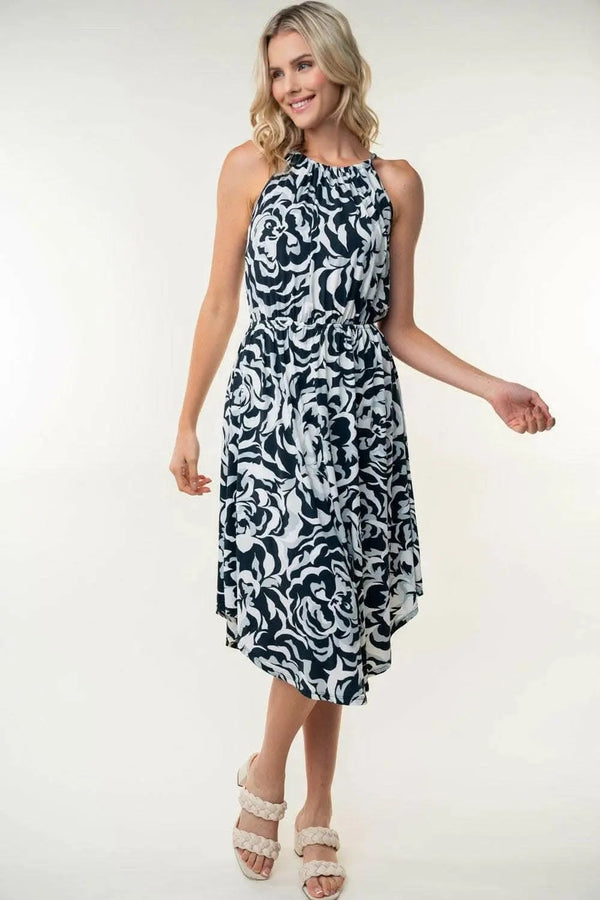Trendsi White Birch Tied Ruched Floral Sleeveless Knee Length Dress