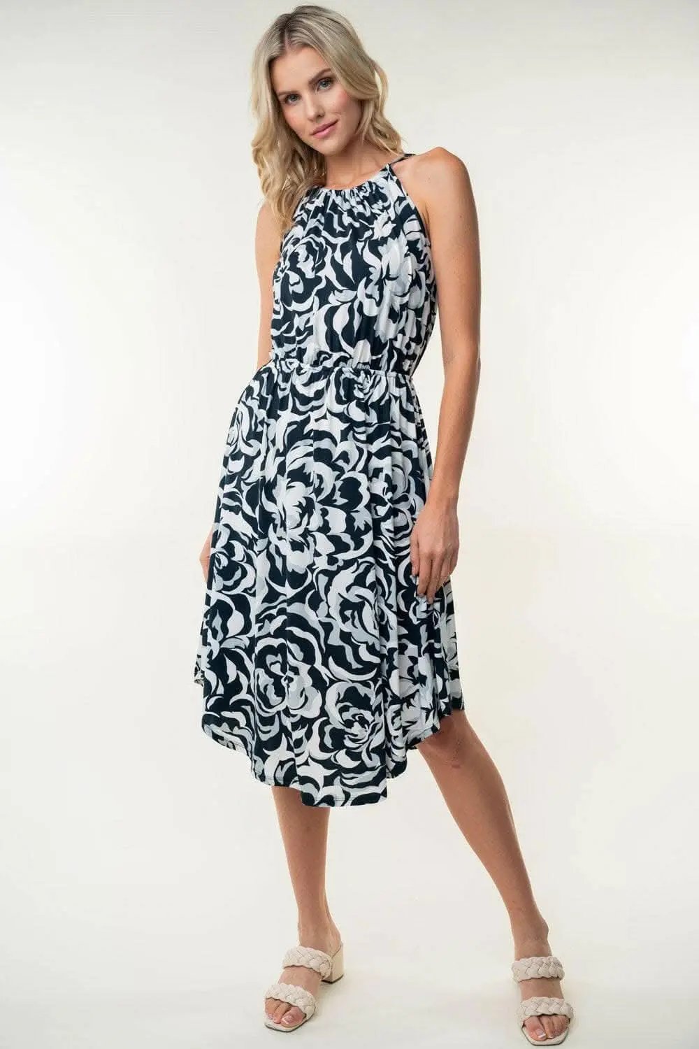 Trendsi White Birch Tied Ruched Floral Sleeveless Knee Length Dress