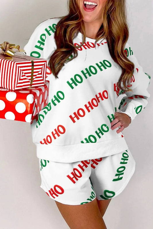 Love Salve White Christmas Print Loungewear Women's Pullover & Shorts Set - Cozy & Cute