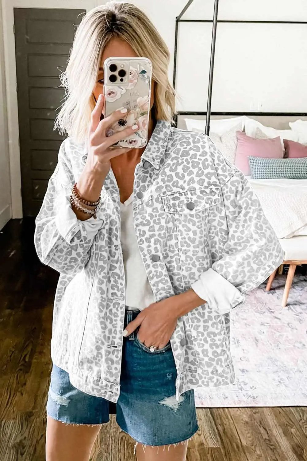 Love Salve Leopard Denim Jacket Women's Fall Fashion Western Style Trendy Print
