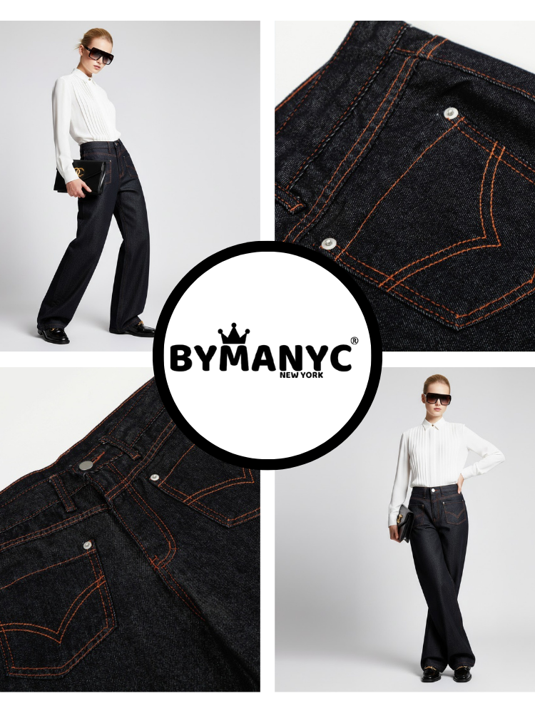 Wide-Leg Denim Trousers with Inverted Pocket Design • BYMANYC ® New York