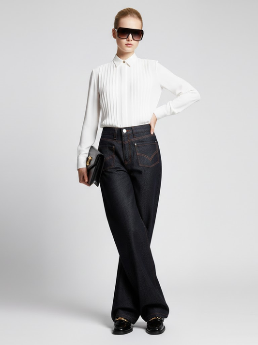 Wide-Leg Denim Trousers with Inverted Pocket Design • BYMANYC ® New York