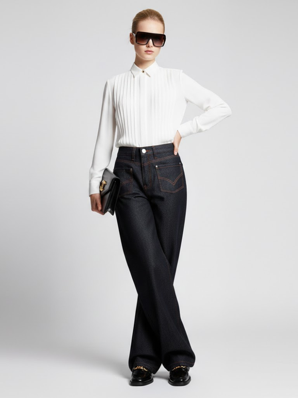 Wide-Leg Denim Trousers with Inverted Pocket Design • BYMANYC ® New York