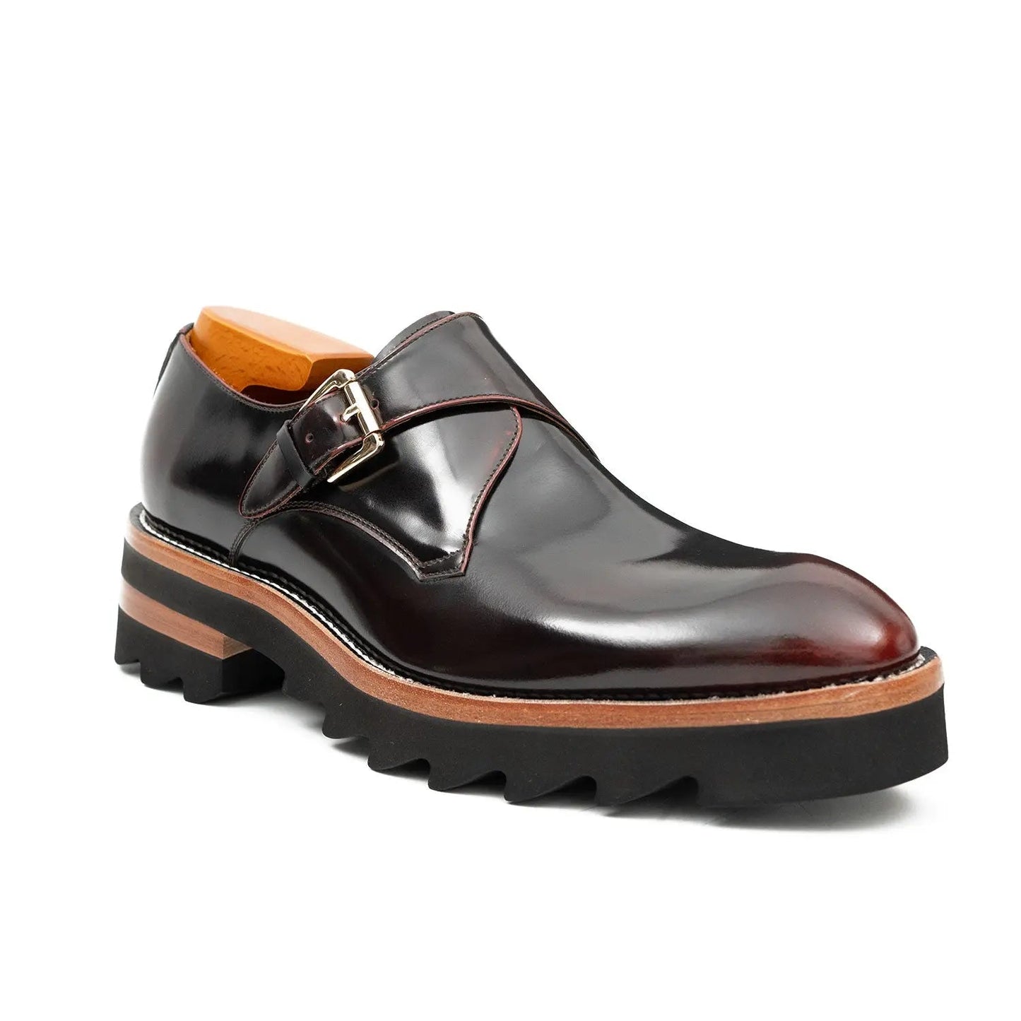 Wine Red Leather Monk Strap Shoes with Chunky Soles