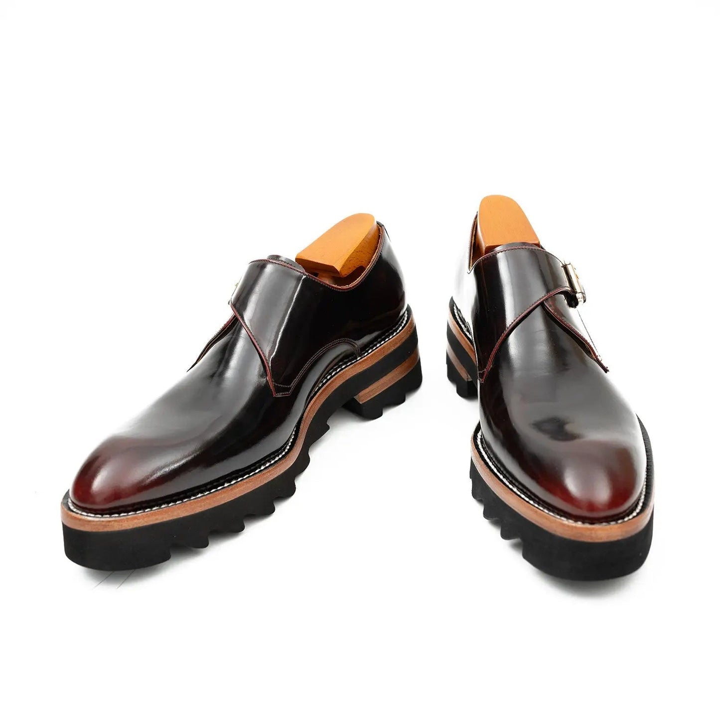 Wine Red Leather Monk Strap Shoes with Chunky Soles