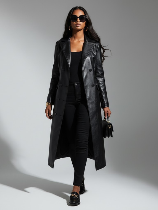 Women's Long Vegan Leather Trench Coat BLACK FINANCIAL COUTURE BYMANYC ® New York