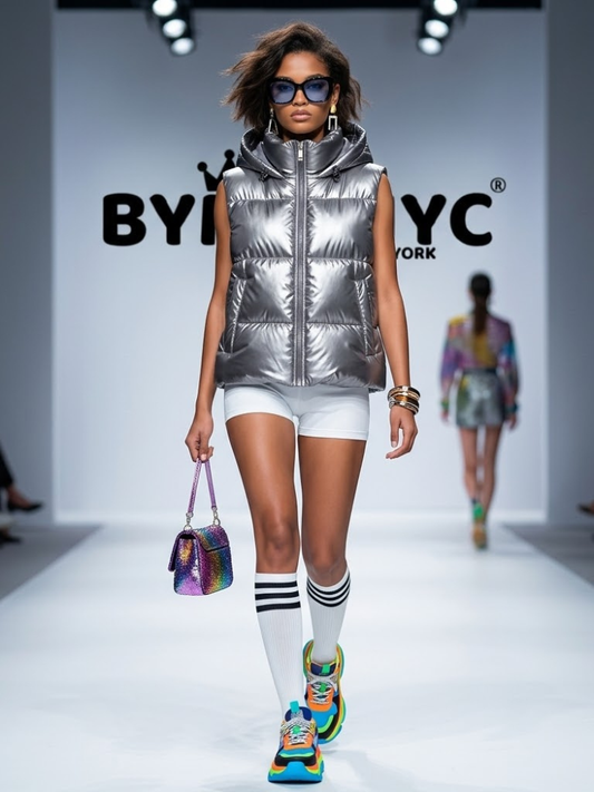 Women's Silver Metallic Hooded Puffer Vest BYMANYC ® New York CONTEMPORARY VIBRANT MODERN OUTERWEAR - New Collection