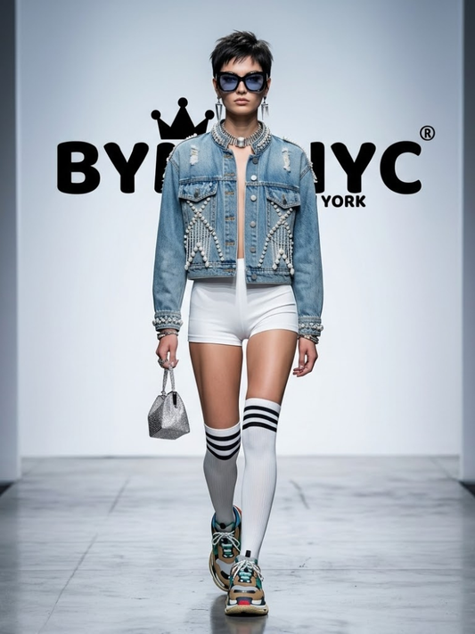 Women's Denim Jacket Pearl Embellished Fringe BYMANYC ® New York CONTEMPORARY VIBRANT MODERN OUTERWEAR - New Collection