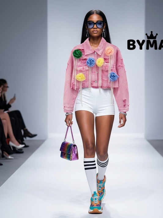Women's Pink Denim Jacket 3D Floral Pearl Fringe BYMANYC ® New York CONTEMPORARY VIBRANT MODERN OUTERWEAR - New Collection