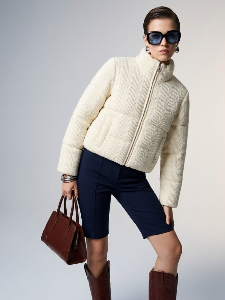 Women's Jacket Cable Knit Puffer BYMANYC ® New York HAMPTONS CREAM ZIPPER - New Collection
