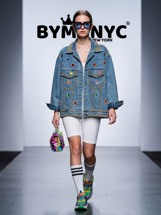 Women's Oversized Jewel & Studded Denim Jacket BYMANYC ® New York CONTEMPORARY VIBRANT MODERN OUTERWEAR - New Collection