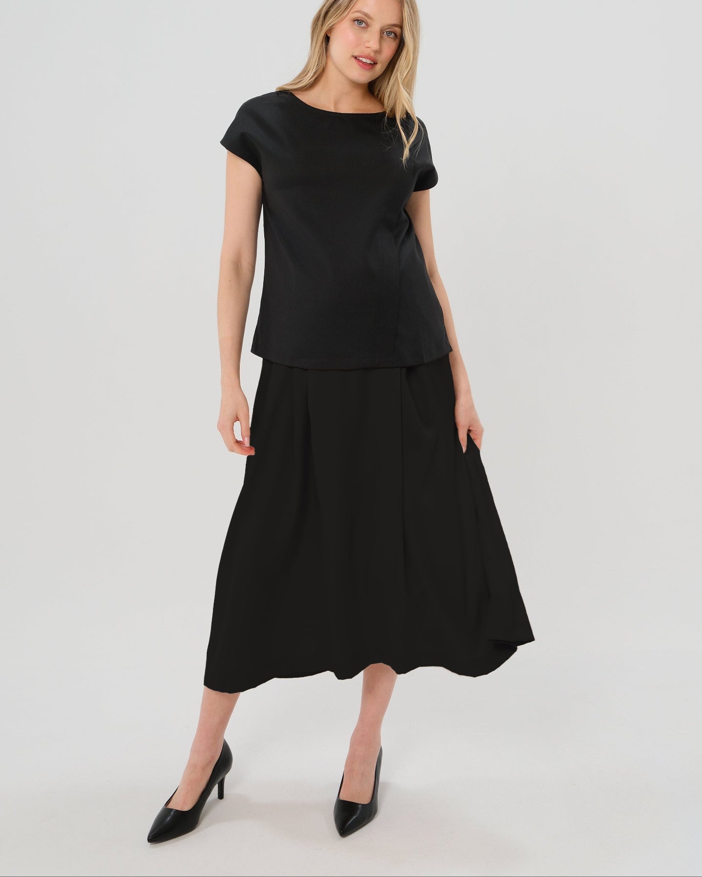 Over-Under Bump Pleated Maternity Maxi Skirt in All-Season Wool Blend