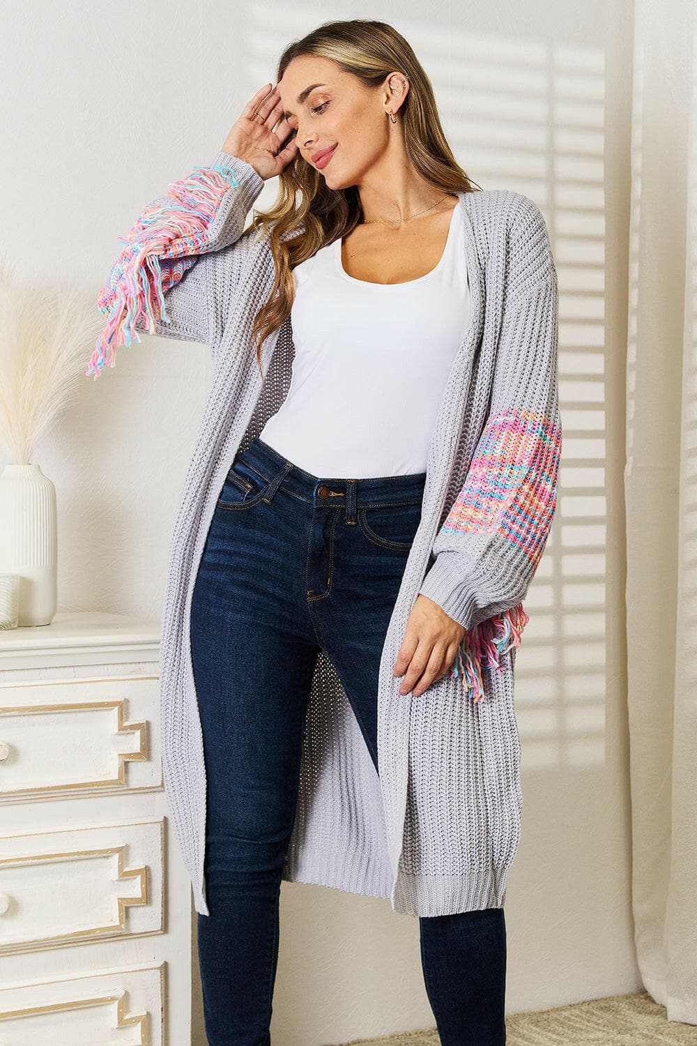 Trendsi Woven Right fringe sleeve cardigan