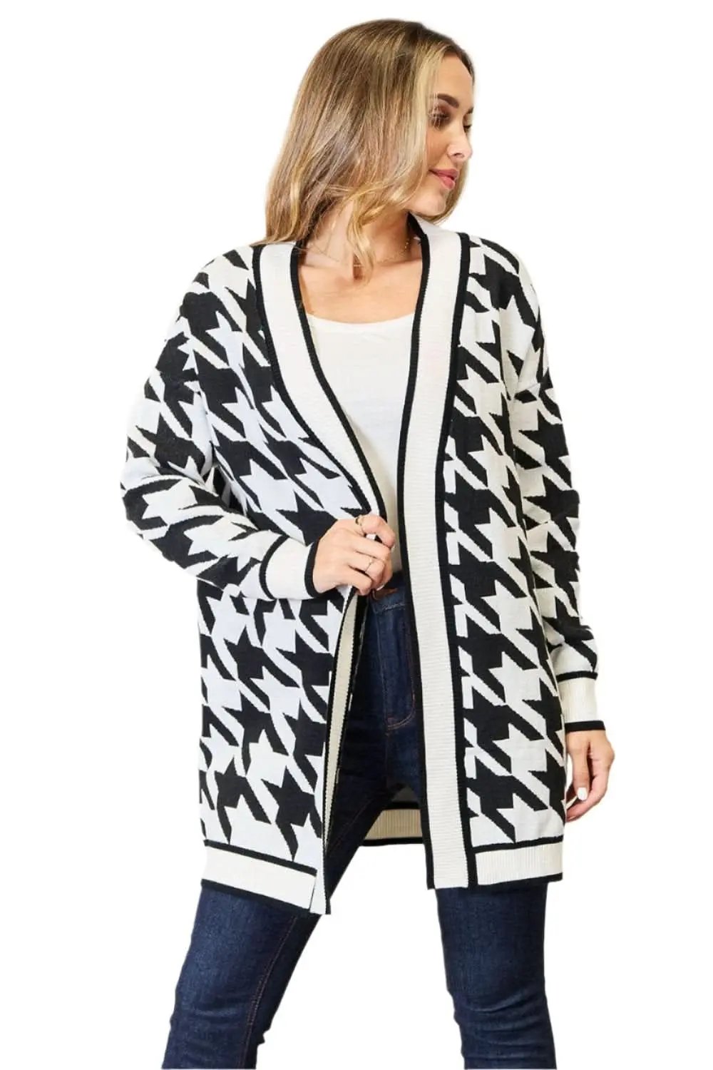 Cardigan - Woven Houndstooth - Long Open Front Style