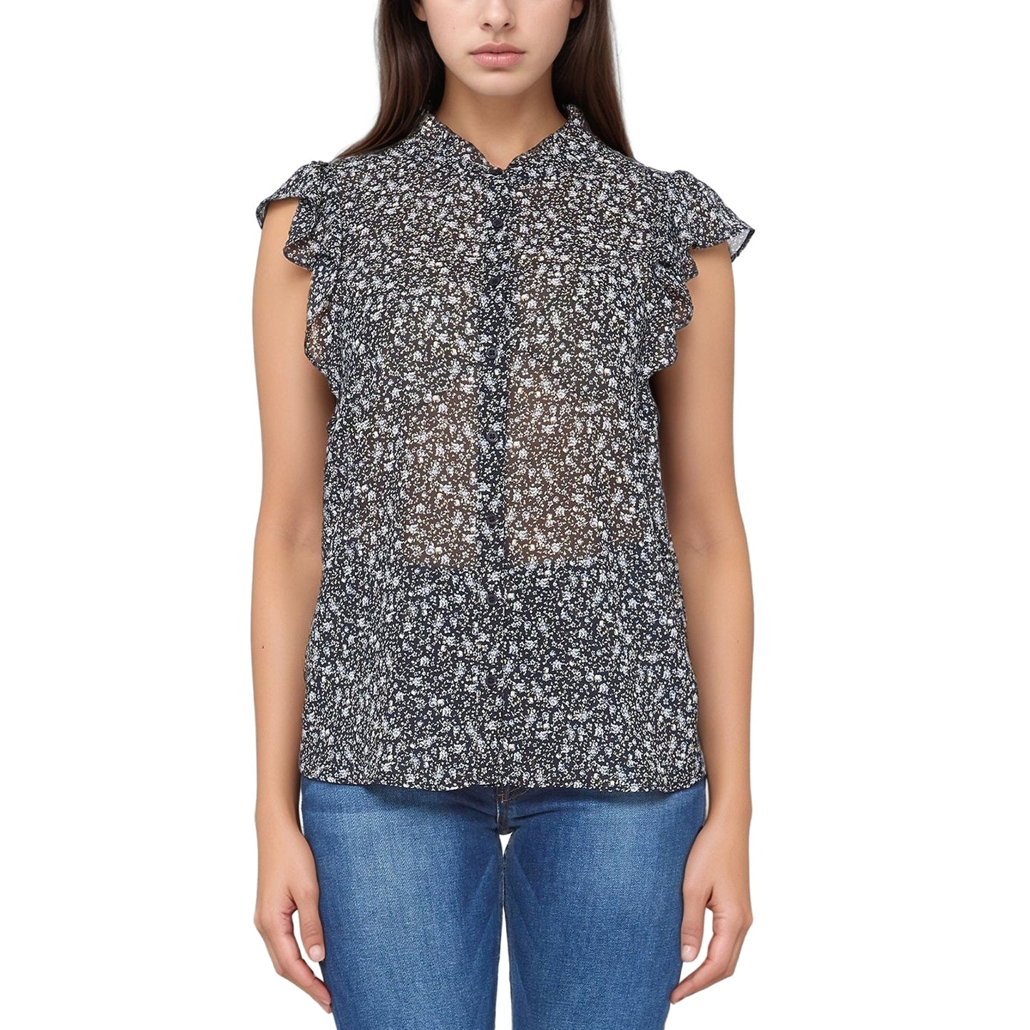 Pleione Women's Sheer Ruffle Button Front Blouse