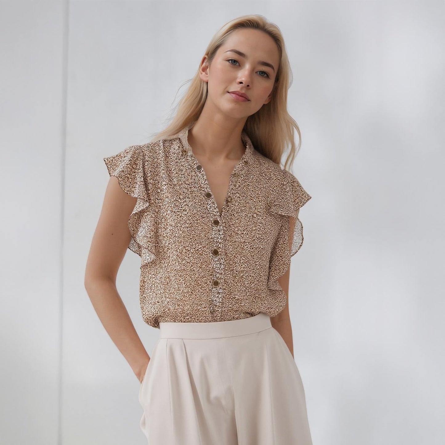 Pleione Women's Sheer Ruffle Button Front Blouse