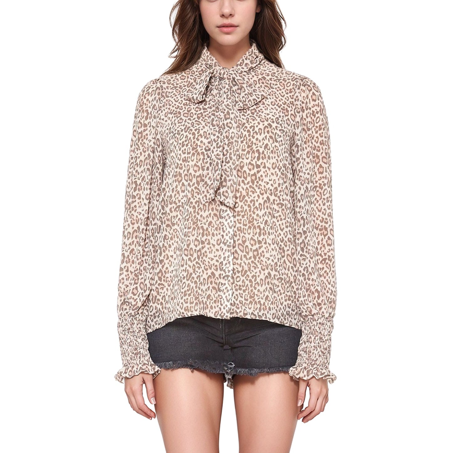 Pleione Women's Long Sleeve Tie Neck Blouse Top In Blush Leopard