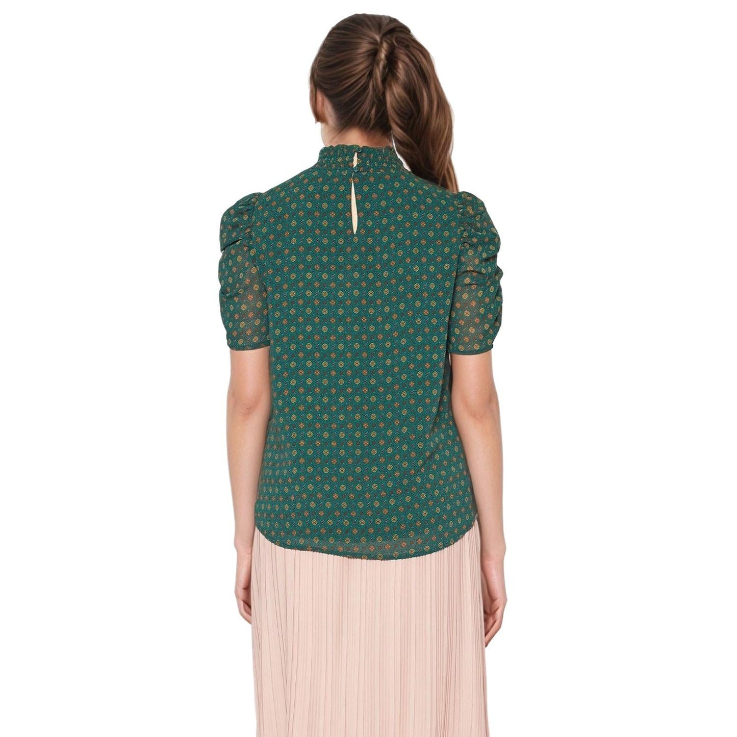 Pleione Women'Ruched Short Sleeve Smocked Mock Neck Top