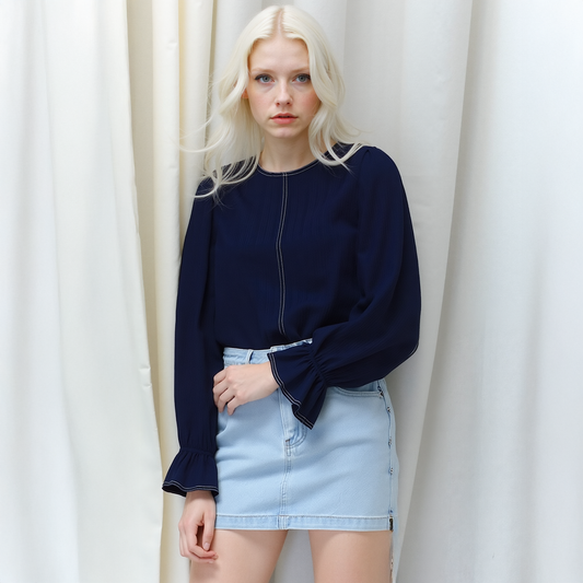 Women's Stitch Accent Puff Shoulder Bell Cuff Top in Navy