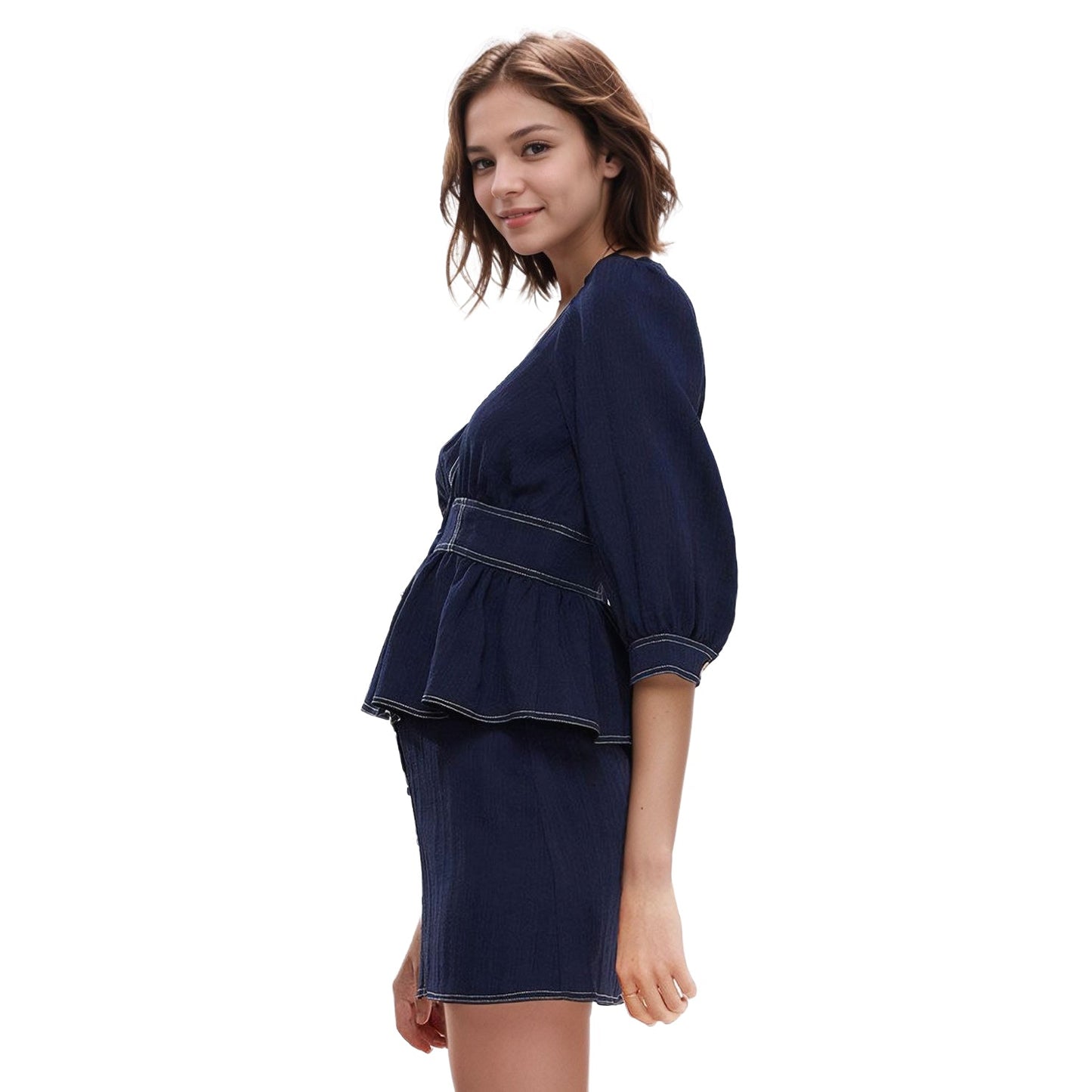 Women's Bishop Shoulder Button Front Peplum Top in Navy