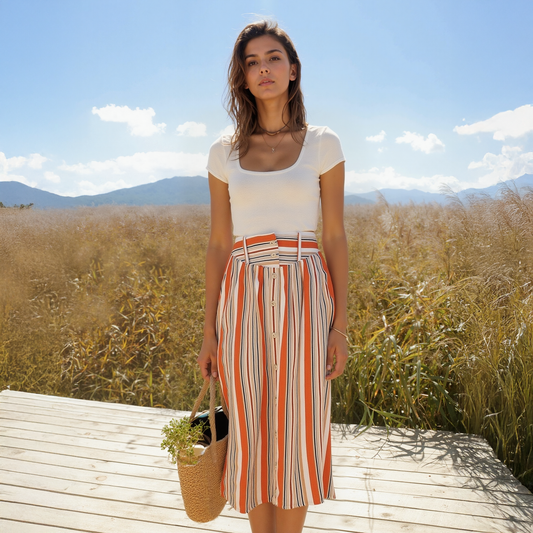 Women's Multi Stripe Button Front Midi Skirt