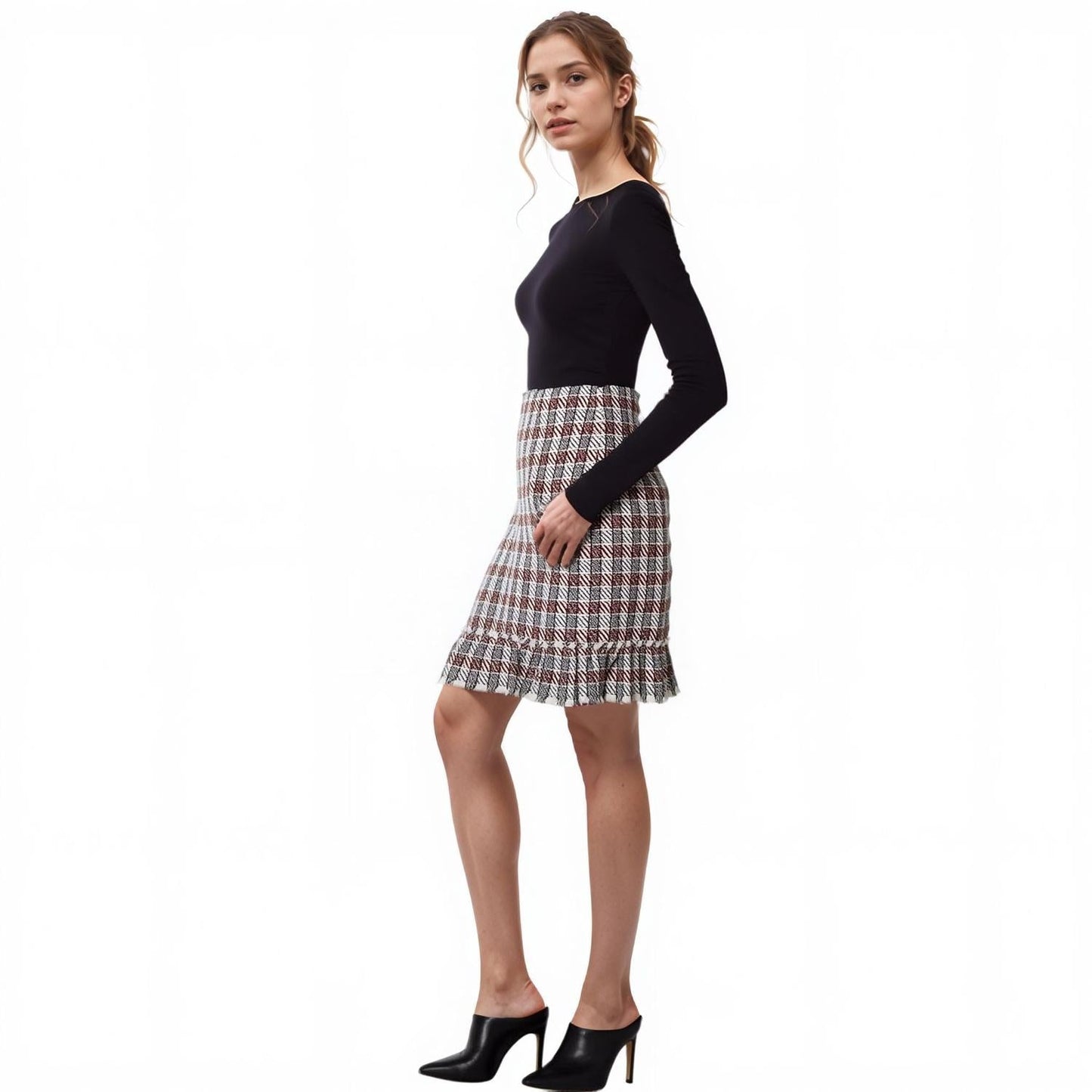 Pleione Women's Plaid Tweed Zipper Front Skirt in Black Red Tweed
