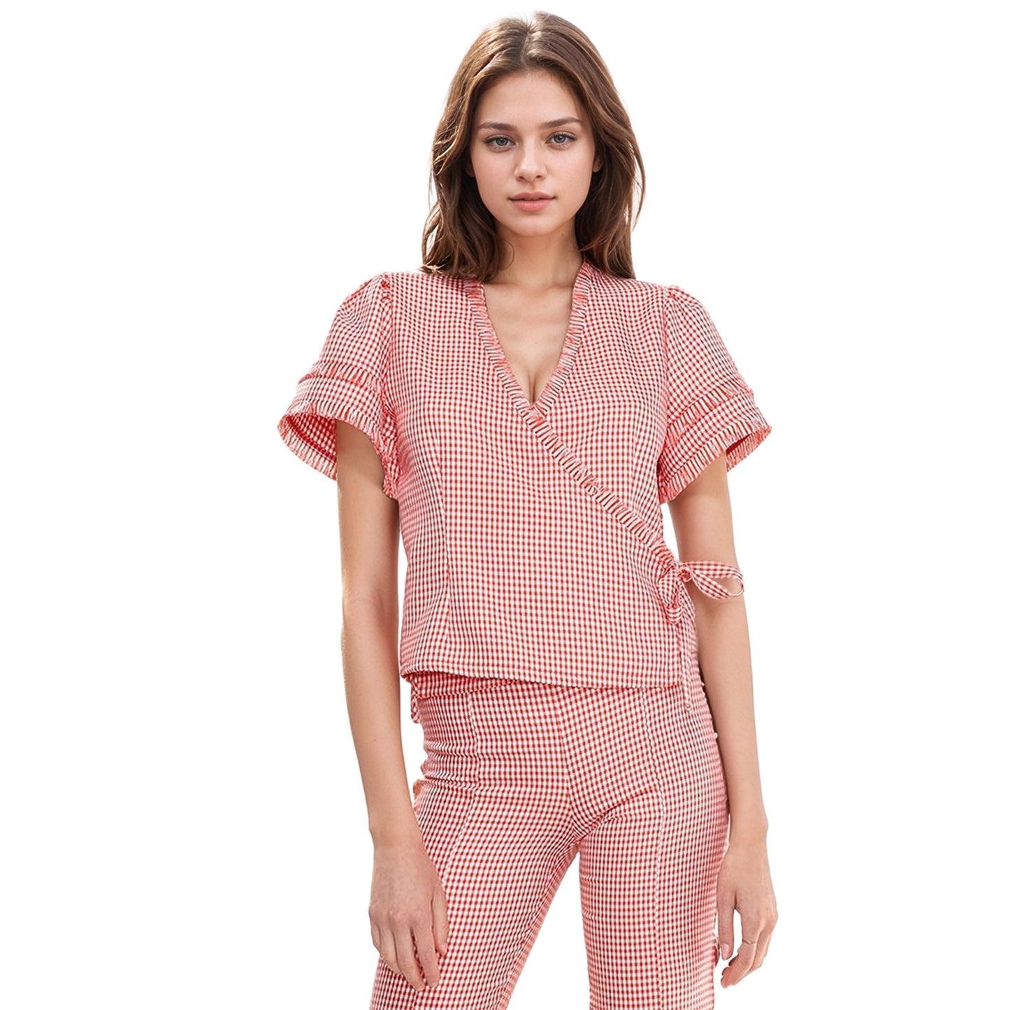 Women's Fringe Trim Gingham Wrap Blouse In Red Gingham