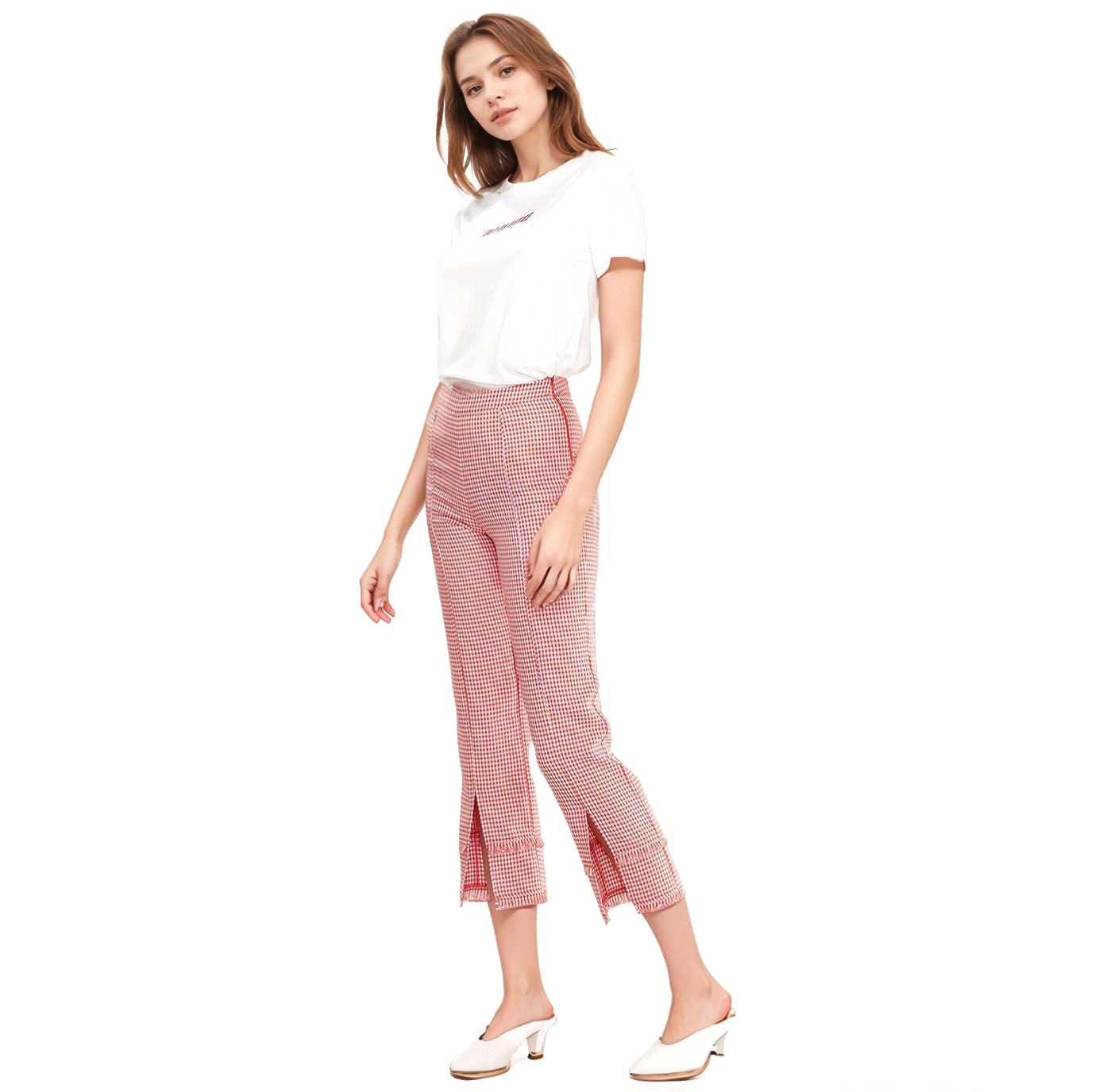 Women's Fringe Trim Slit Hem Gingham Pants in Red Gingham