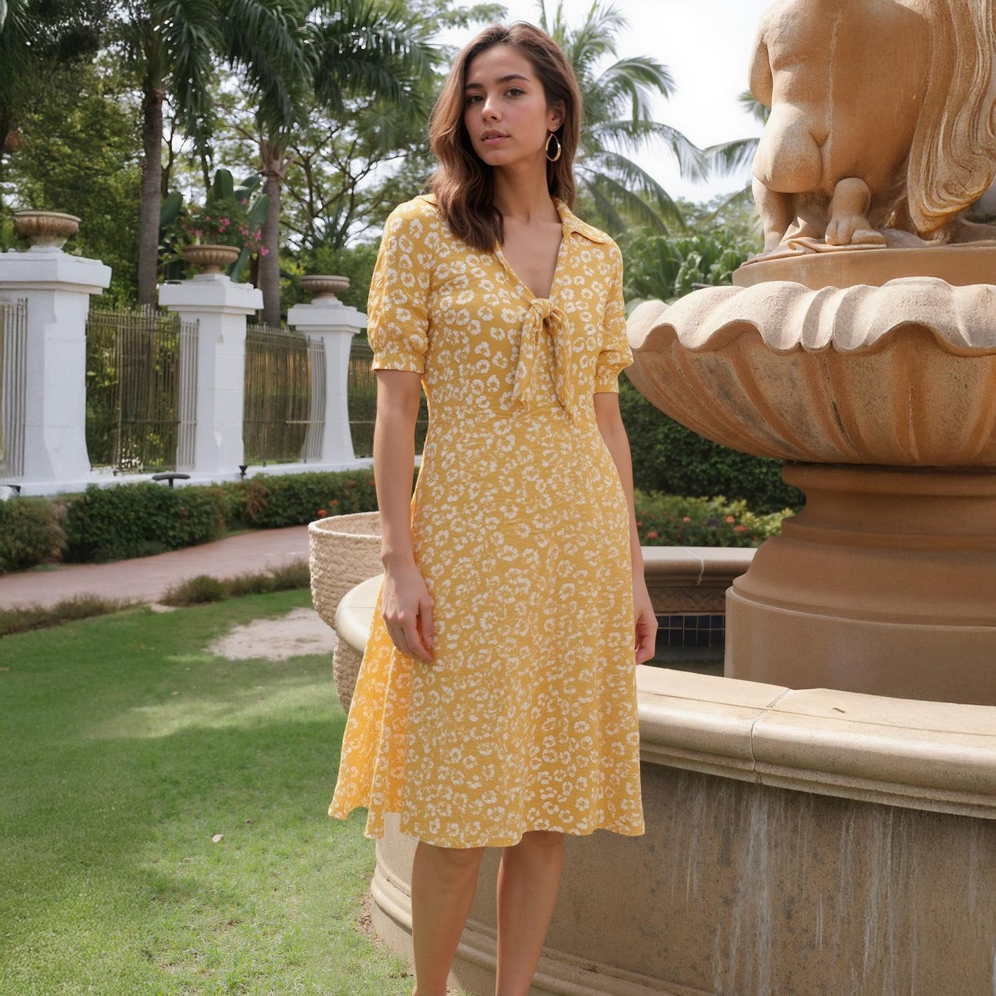 Pleione Tied Open Front Collard Floral Dress