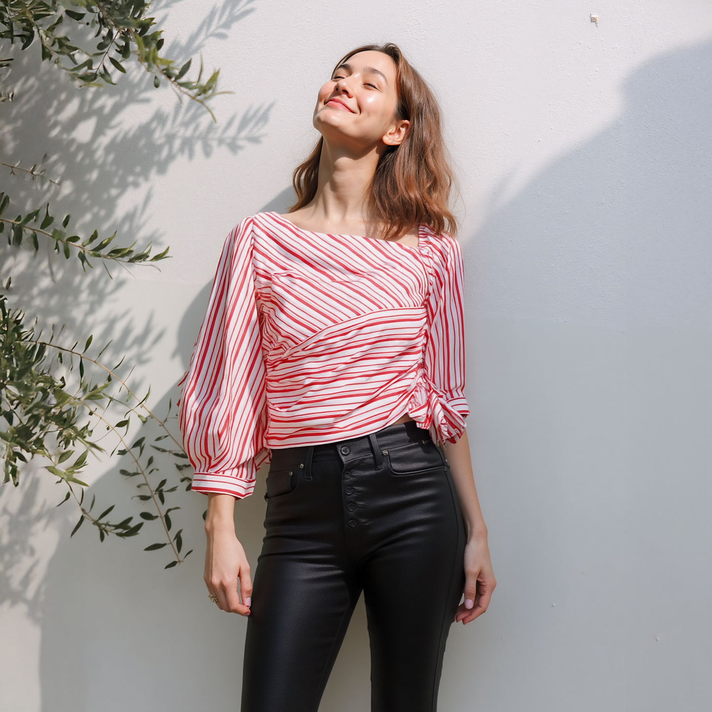 Women's Satin Stripe One Shoulder Blouse in Lipstick Stripe
