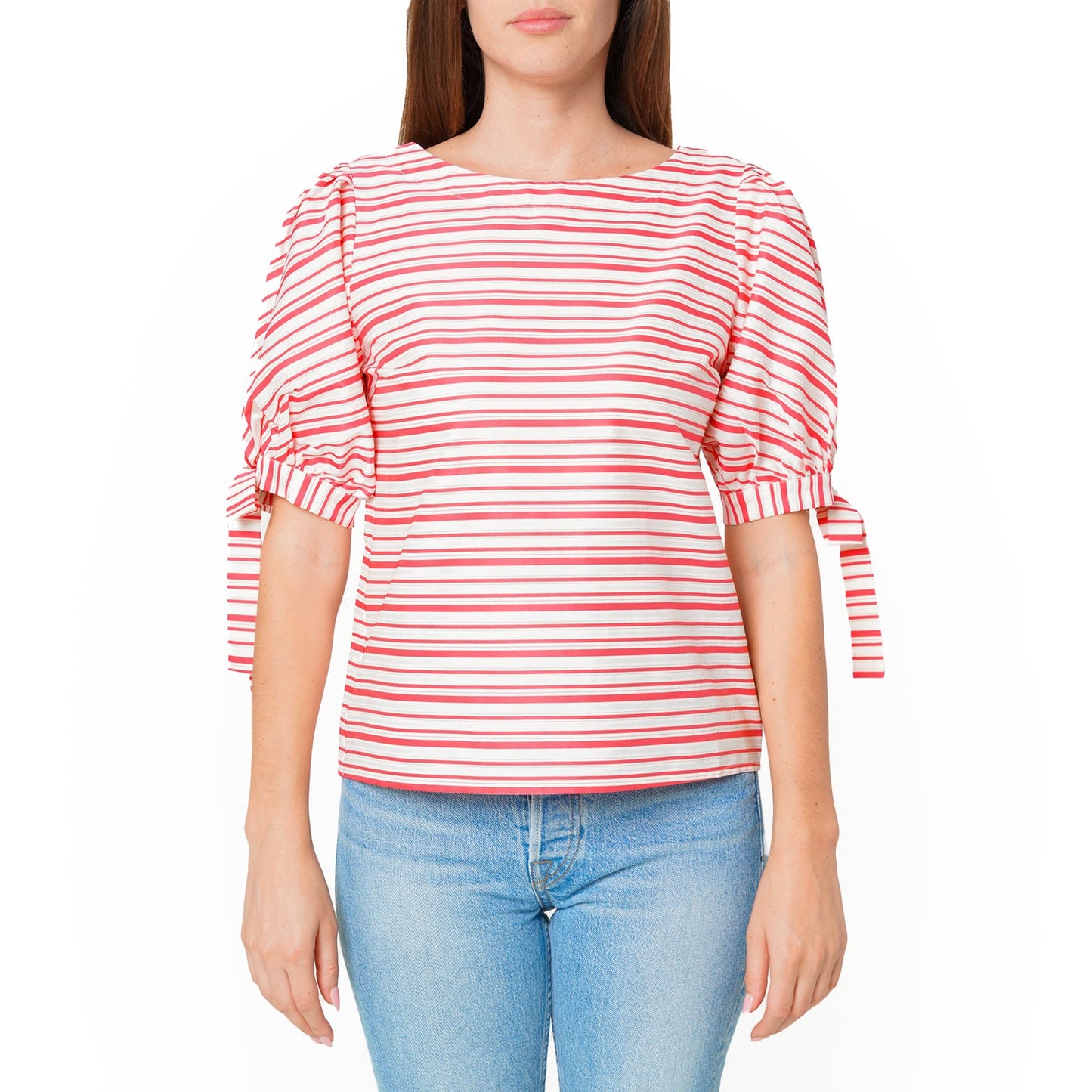 Women's Satin Stripe Tie Sleeve Top in Lipstick Stripe