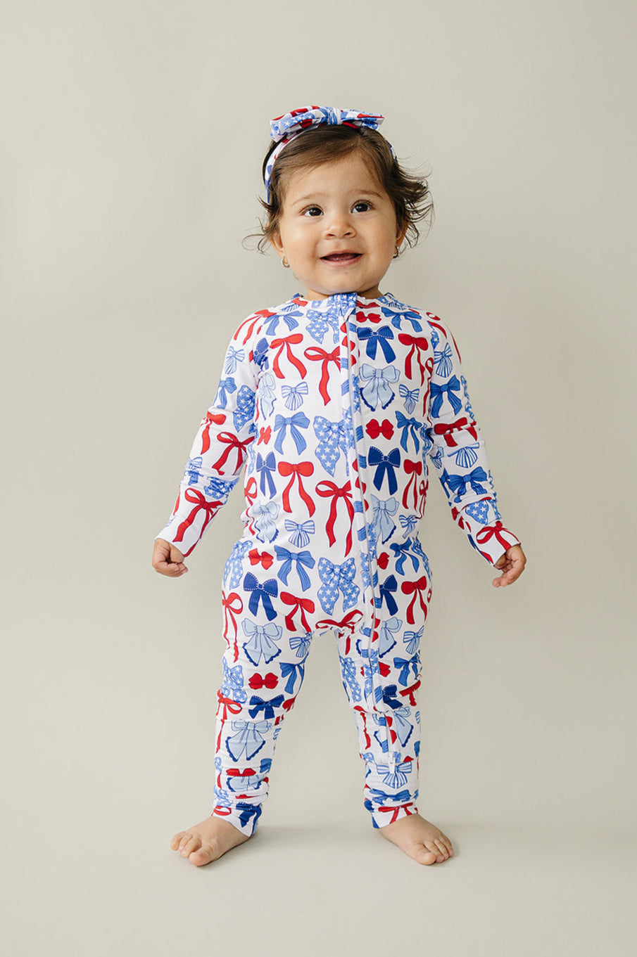 Bamboo Zip Romper  | Red-White & Bows