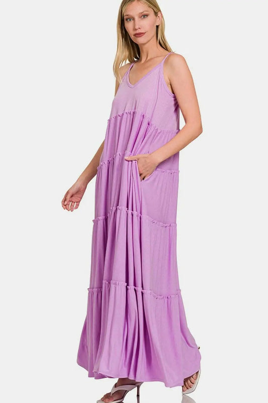 Trendsi usa - Zenana Frill Tiered V-Neck Maxi Cami Dress