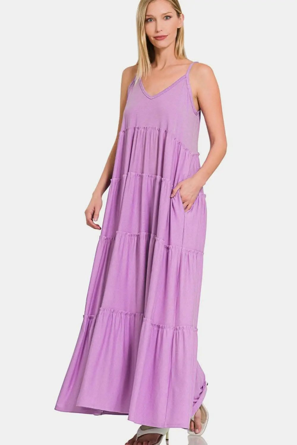 Trendsi usa - Zenana Frill Tiered V-Neck Maxi Cami Dress