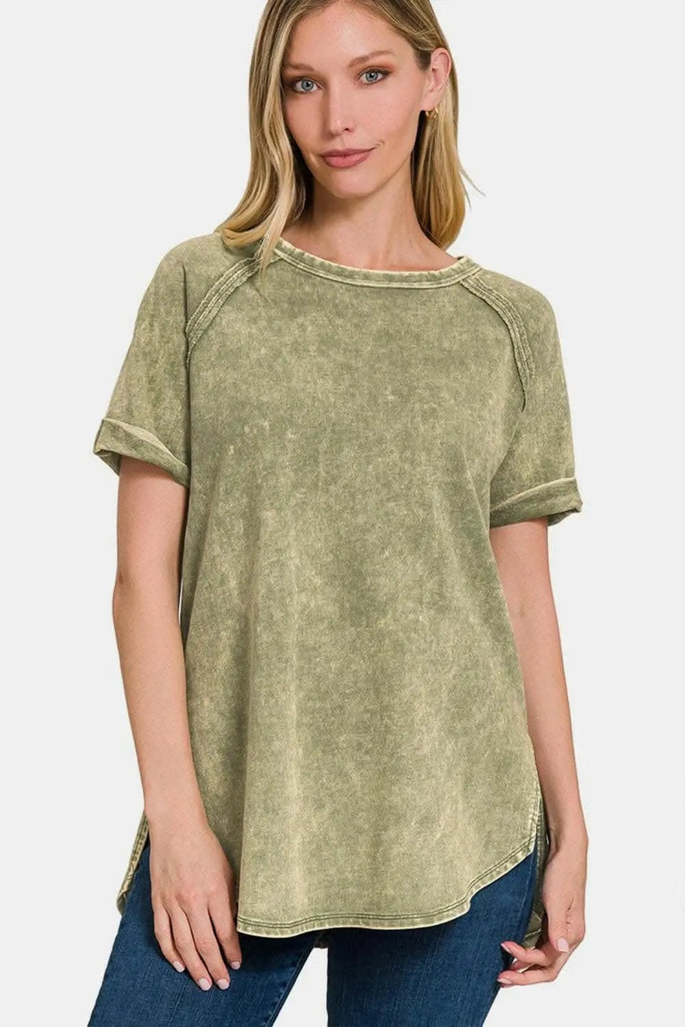 Trendsi Zenana Heathered Round Neck Short Sleeve Blouse