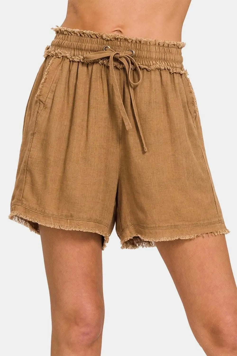 Trendsi Zenana Linen Shorts Women's Casual Summer Frayed Hem Drawstring Shorts