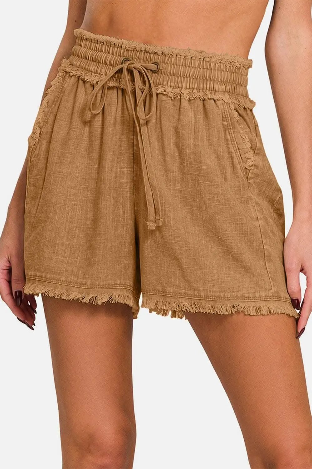 Trendsi Zenana Linen Shorts Women's Casual Summer Frayed Hem Drawstring Shorts