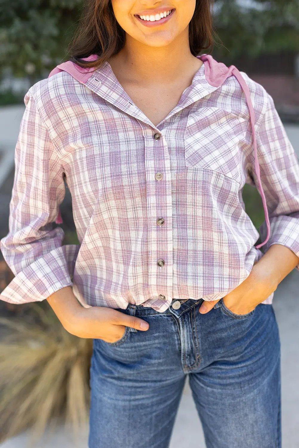 Women's Checkered Shacket - Soft & Hooded - Fall Layering Top