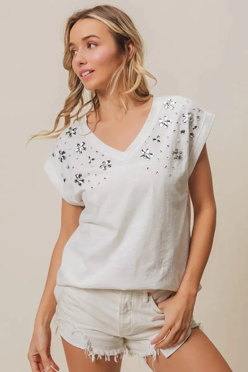 Women's Top - Slub Rhinestone V-Neck - Comfy Fit