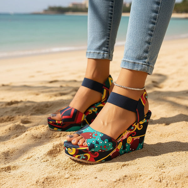Women's Printed Platform Wedge Sandals with Elastic Ankle Strap