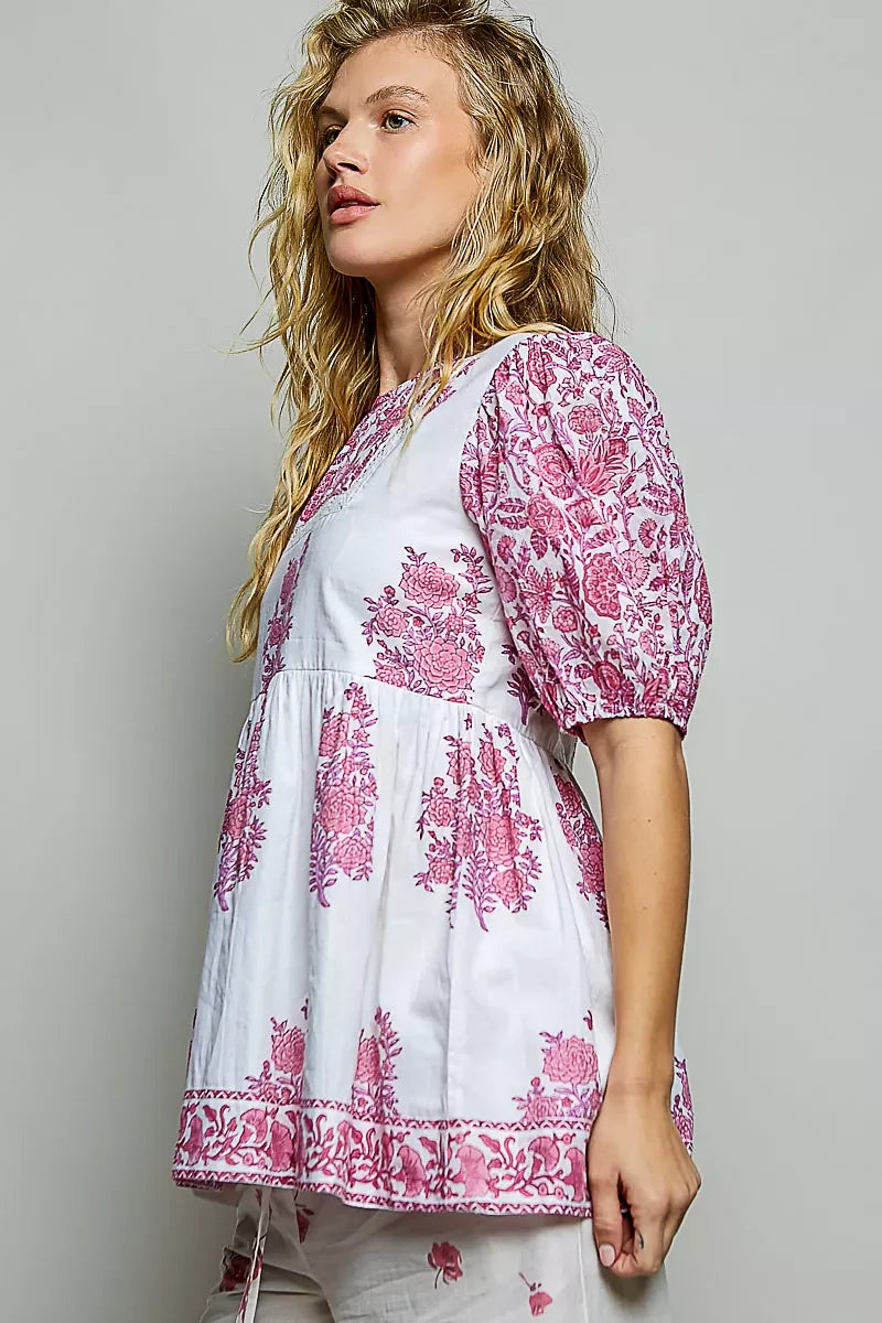 POL Vintage Hand Block Print Floral Woven Blouse
