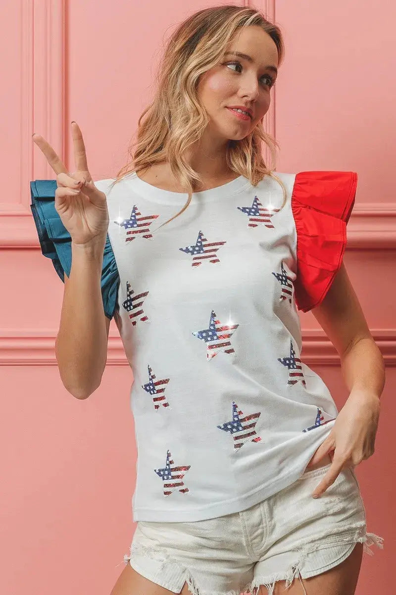 Women's T-Shirt - American Flag Sequin - Sparkly Patriotic Style