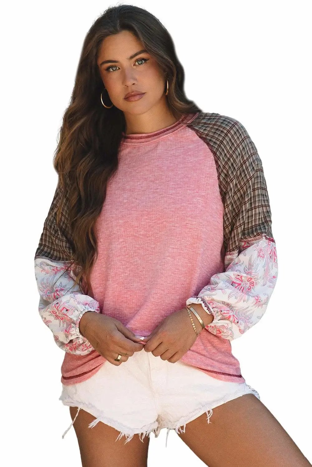 Love Salve Fushia Patchwork Top Women's Casual Knit Top: Ribbed & Raglan