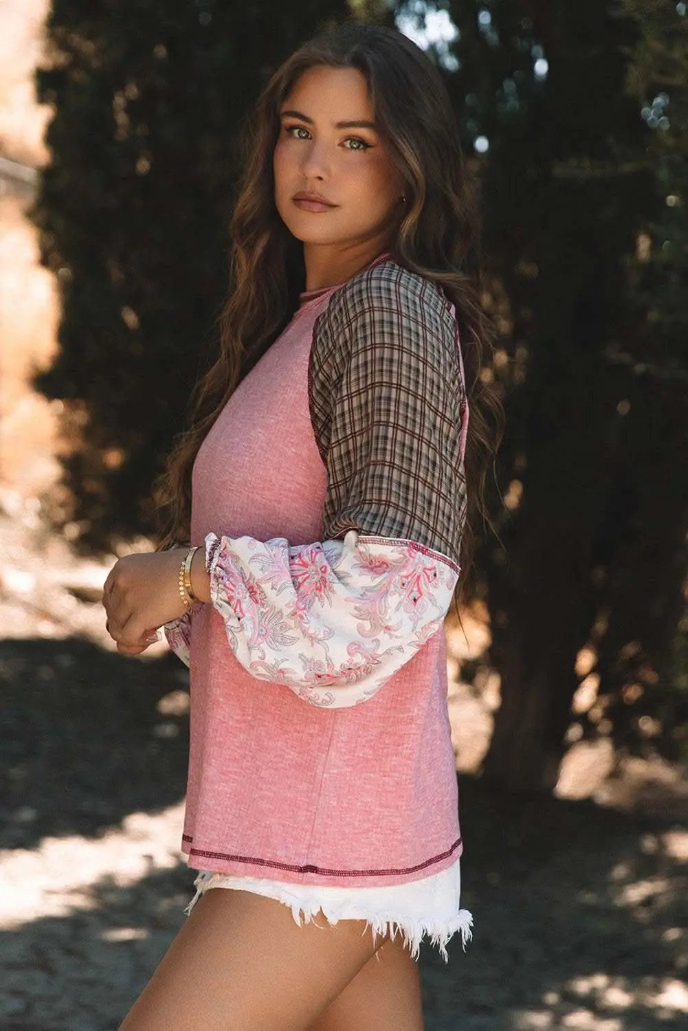 Love Salve Fushia Patchwork Top Women's Casual Knit Top: Ribbed & Raglan