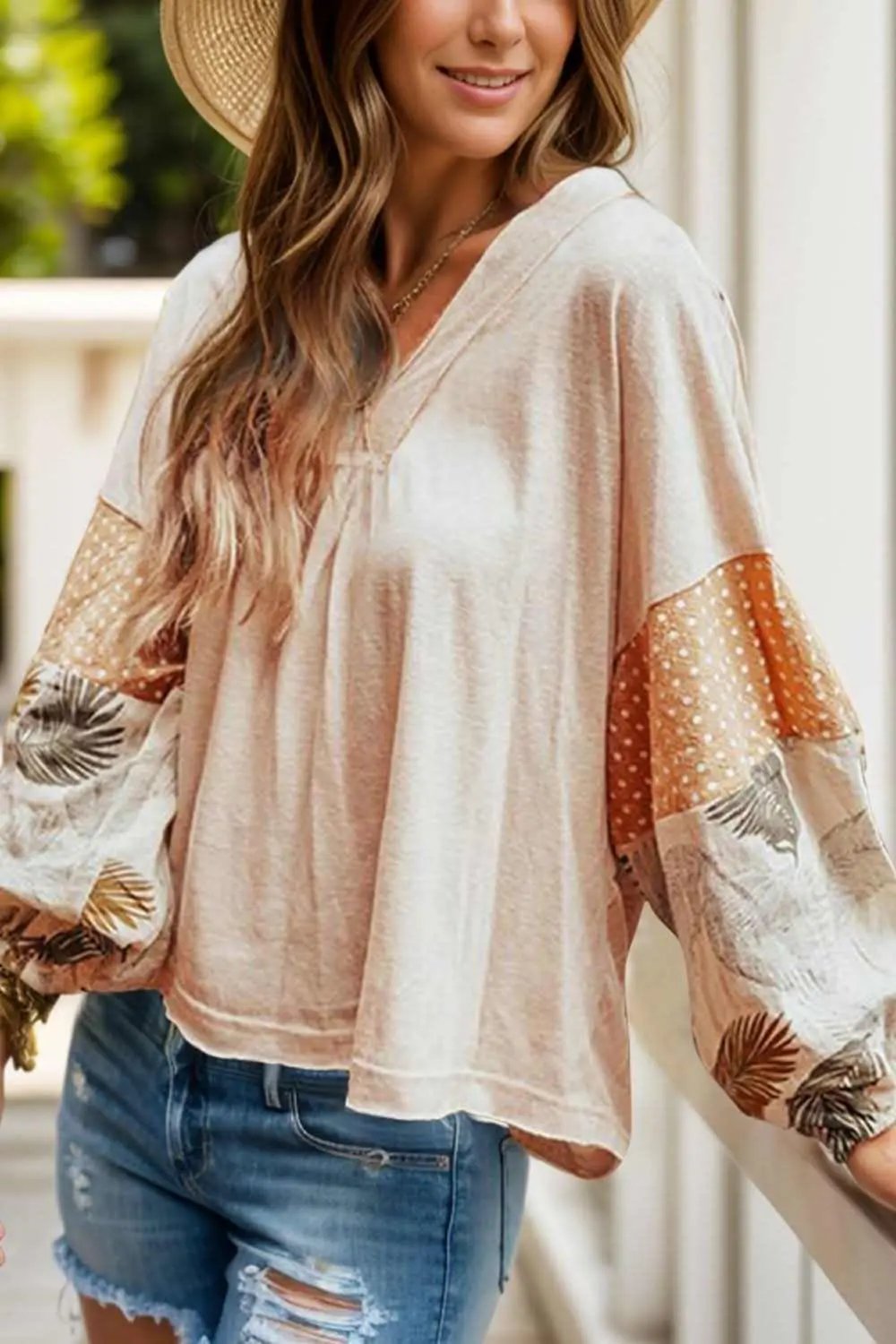 Printed V-Neck Blouse - Long Sleeve - Stylish & Versatile