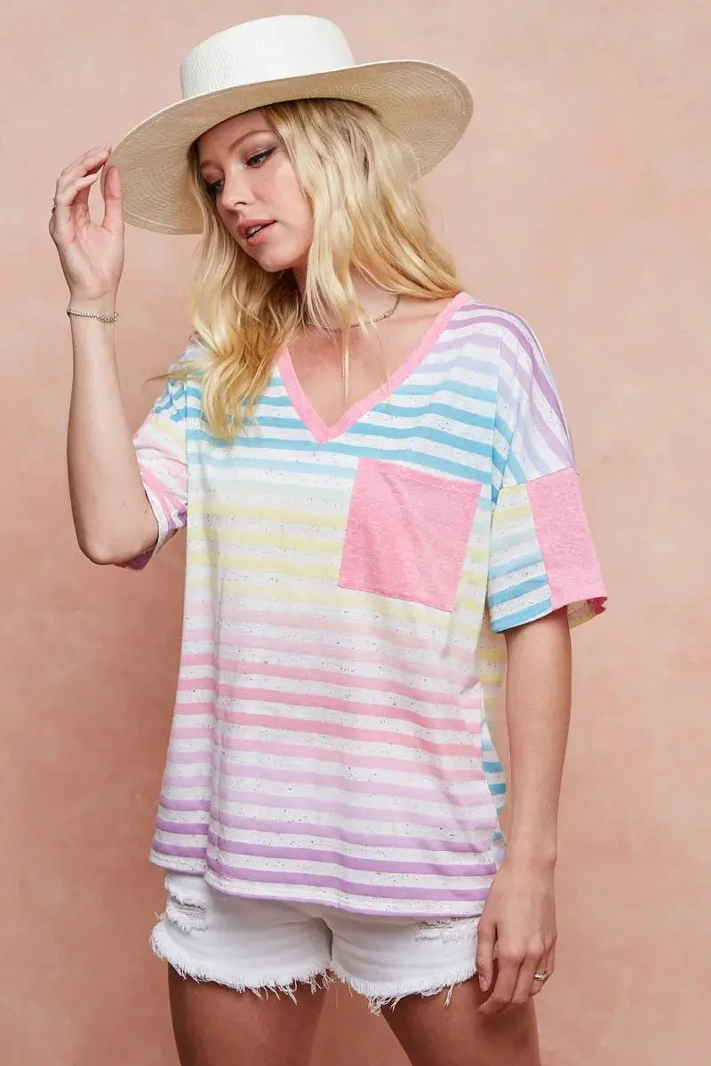 Women's Tee - Rainbow Stripe - Casual Knit Top